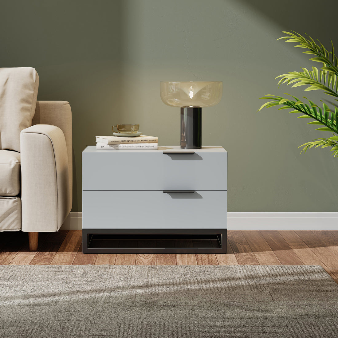 Pefelife Night Stand Two Drawers Wooden Nightstand with Metal Legs, White and Black