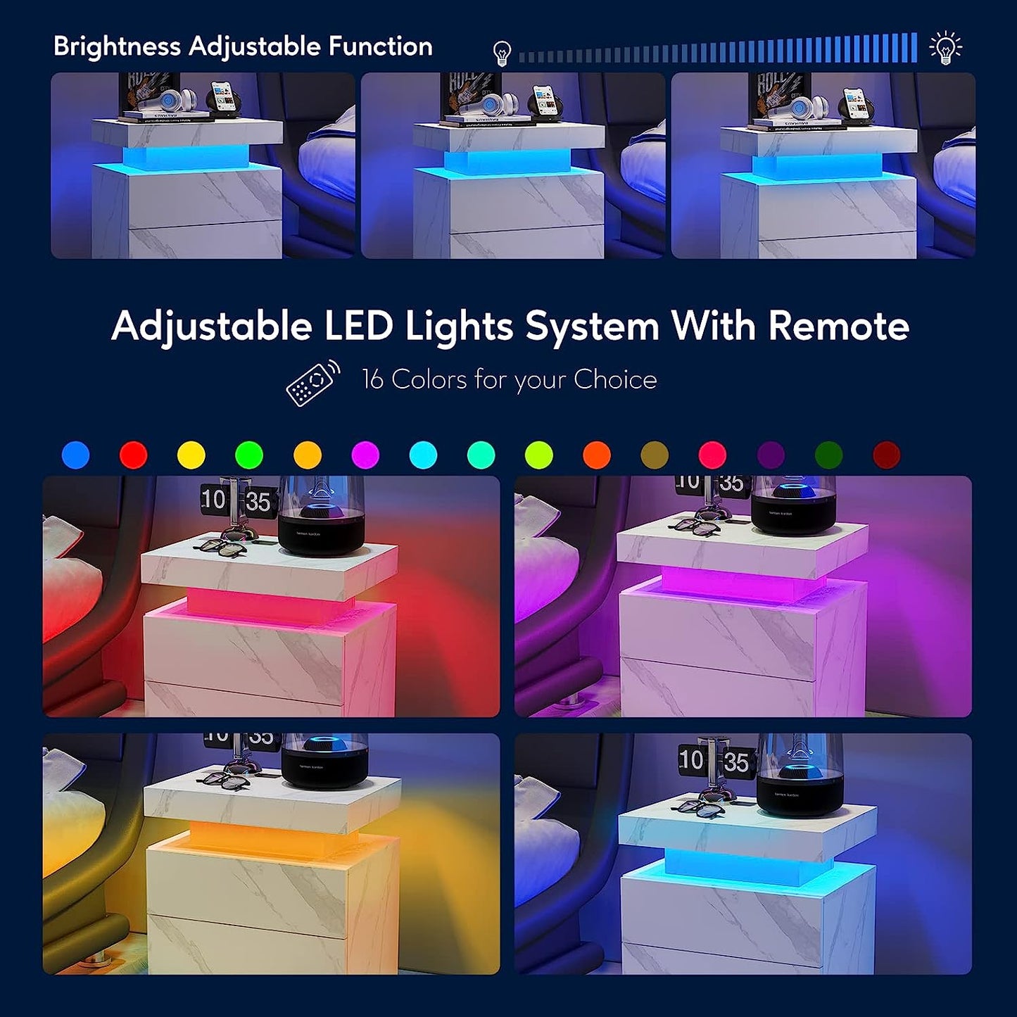 Mesita de noche de mármol Pefelife con luces LED para gabinete, moderna