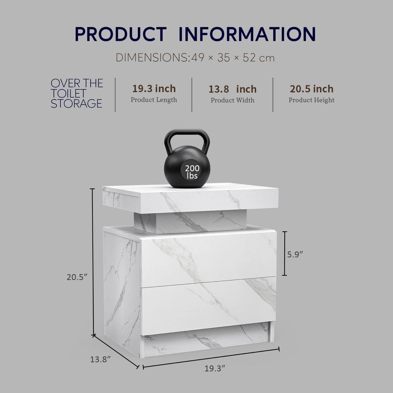 Mesita de noche de mármol Pefelife con luces LED para gabinete, moderna