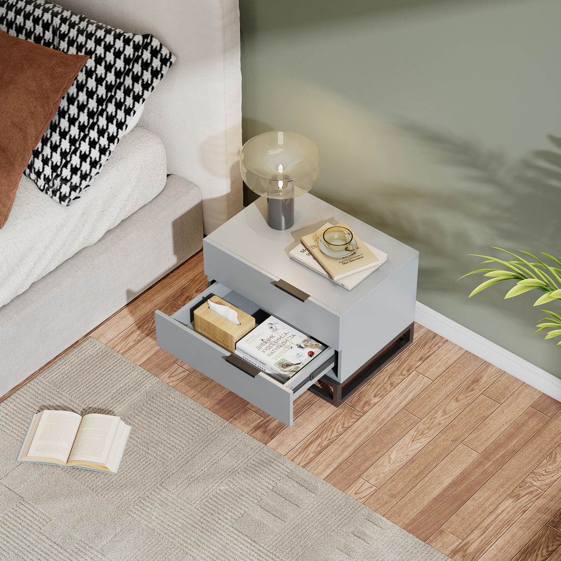 Pefelife Night Stand Two Drawers Wooden Nightstand with Metal Legs, White and Black