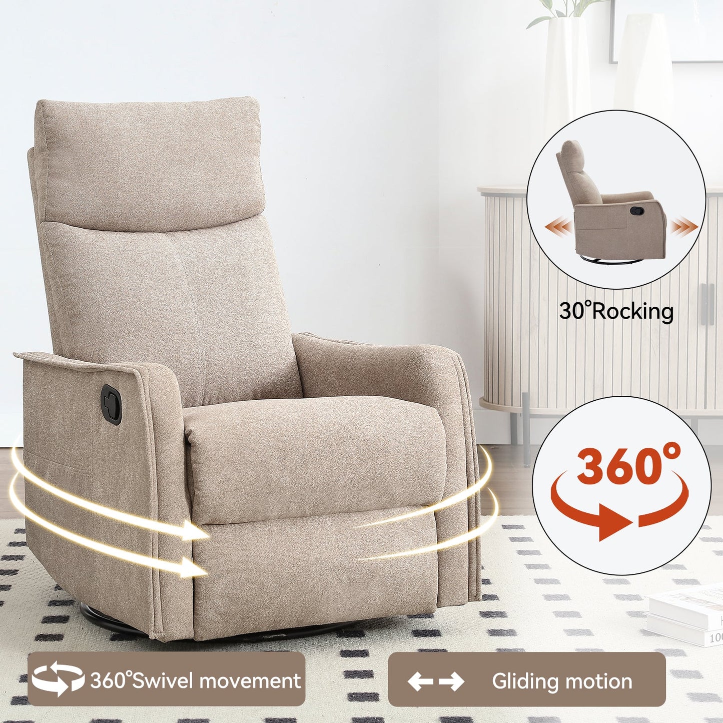 Pefelife 360 Degree Swivel Rocker Recliner Glider Chair for Adults, Living Room, Linen