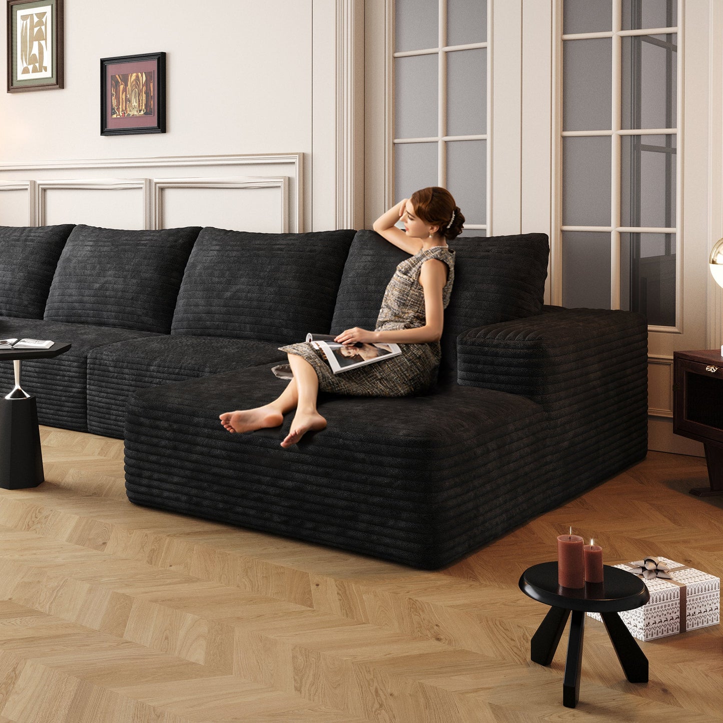 Canapé modulaire Pefelife Cloud 107" en forme de L avec méridienne, canapé sectionnel rembourré en velours côtelé, siège profond avec combinaison libre pour salon et appartement, aucun assemblage requis (noir, méridienne orientée à droite)