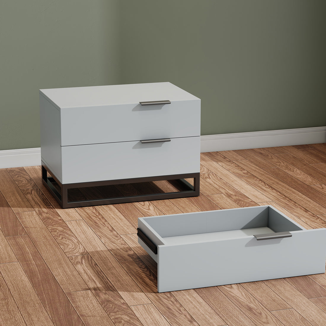 Pefelife Night Stand Two Drawers Wooden Nightstand with Metal Legs, White and Black