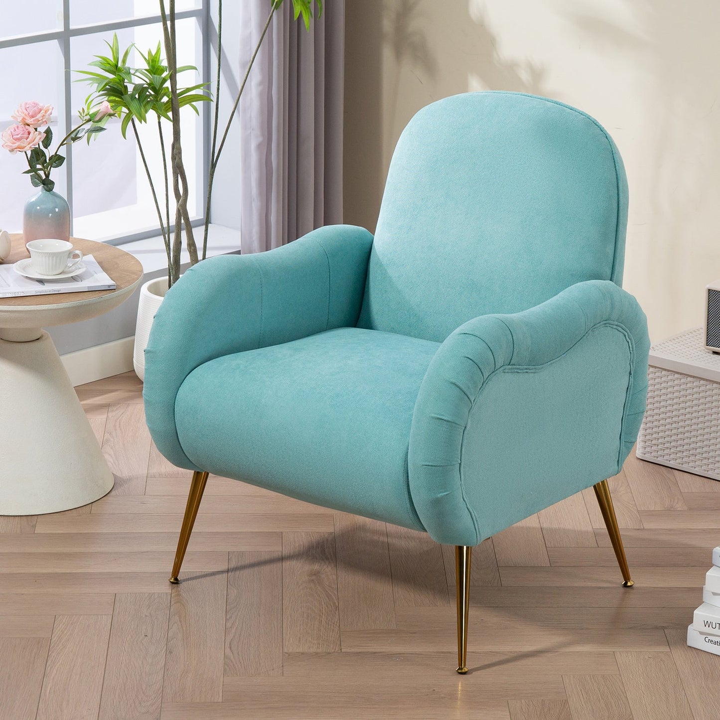 Pefelife Accent Upholstered Single Chair White Sherpa Armchair with Golden Legs for Living Room, Bedroom, Office, Dining Room