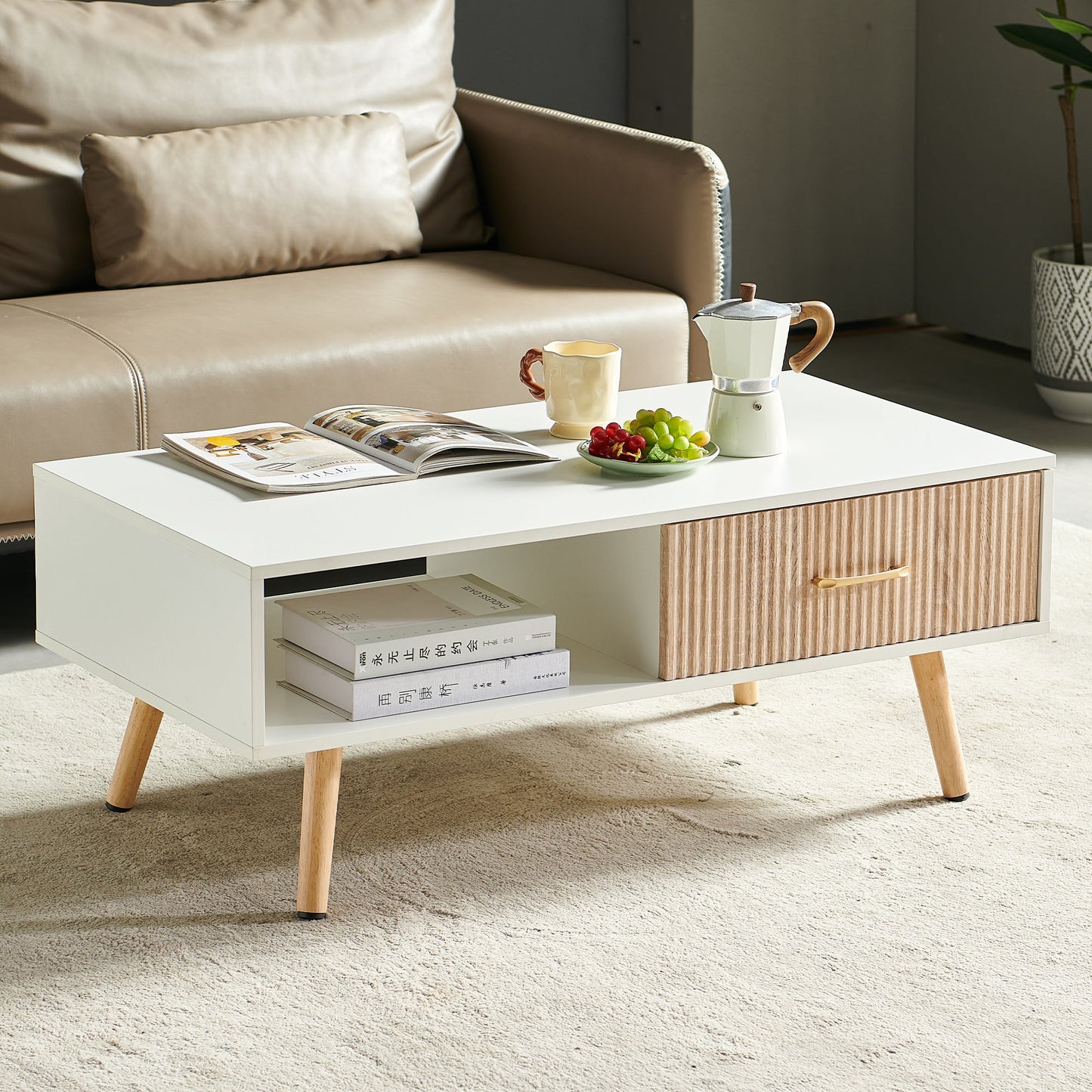 Table basse Pefelife avec rangement, table à manger bohème avec porte coulissante en rotin, petite table basse de salon, plateau blanc