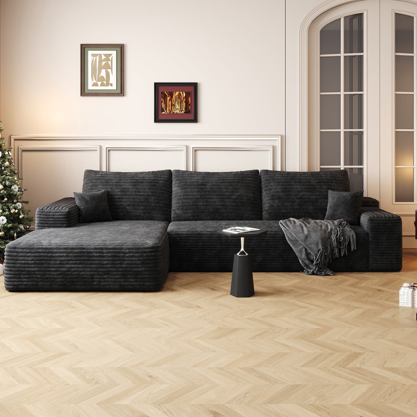 Canapé modulaire Pefelife Cloud 107" en forme de L avec méridienne, canapé sectionnel rembourré en velours côtelé, siège profond avec combinaison libre pour salon et appartement, aucun assemblage requis (noir, méridienne orientée à droite)