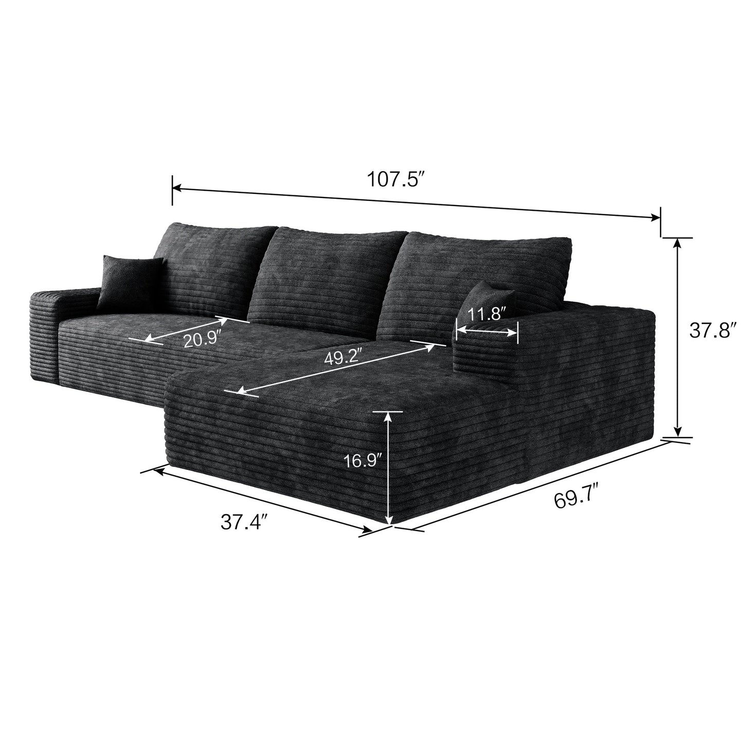 Canapé modulaire Pefelife Cloud 107" en forme de L avec méridienne, canapé sectionnel rembourré en velours côtelé, siège profond avec combinaison libre pour salon et appartement, aucun assemblage requis (noir, méridienne orientée à droite)