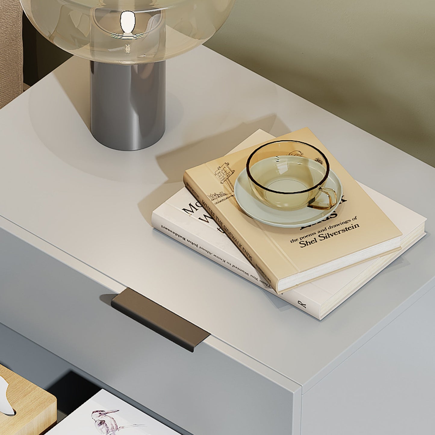 Pefelife Night Stand Two Drawers Wooden Nightstand with Metal Legs, White and Black