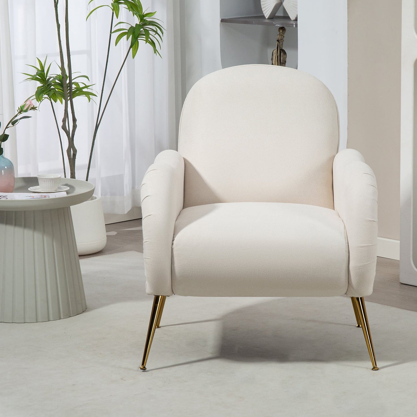 Pefelife Accent Upholstered Single Chair White Sherpa Armchair with Golden Legs for Living Room, Bedroom, Office, Dining Room