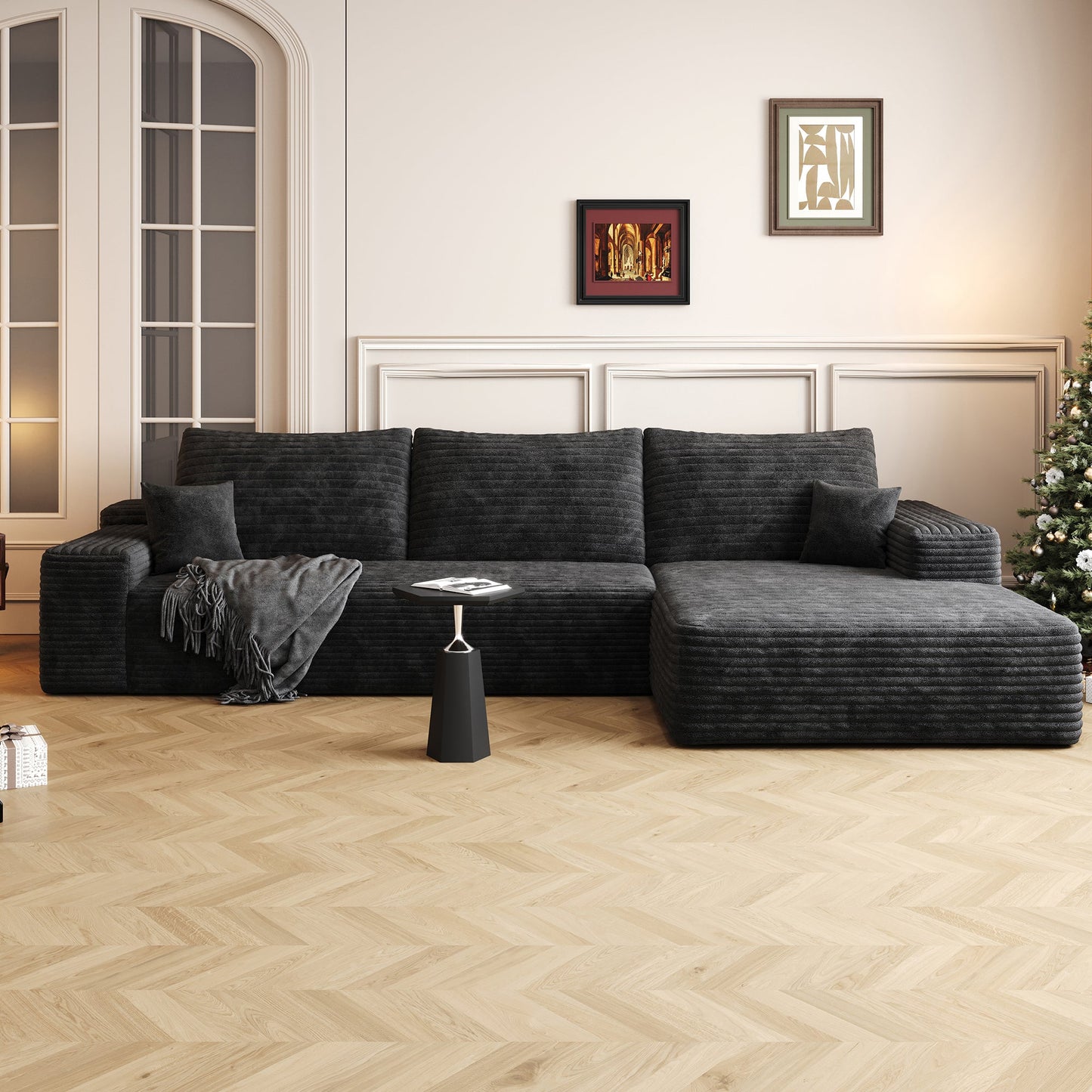 Canapé modulaire Pefelife Cloud 107" en forme de L avec méridienne, canapé sectionnel rembourré en velours côtelé, siège profond avec combinaison libre pour salon et appartement, aucun assemblage requis (noir, méridienne orientée à droite)