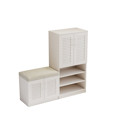 Banc de rangement à chaussures Pefelife 73 cm avec armoire à 2 portes, banc d'entrée avec rangement à chaussures blanc, banc à chaussures avec coussin, étagères réglables, banc à chaussures pour entrée et couloir