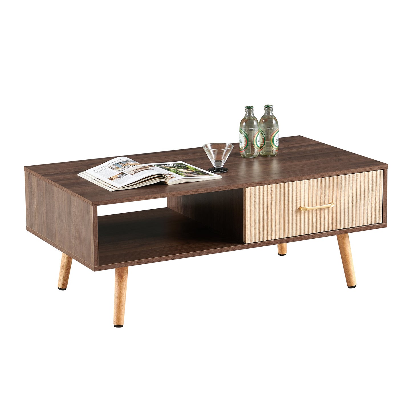 Table basse Pefelife avec rangement, table à manger bohème avec porte coulissante en rotin, petite table basse pour salon, plateau en noyer