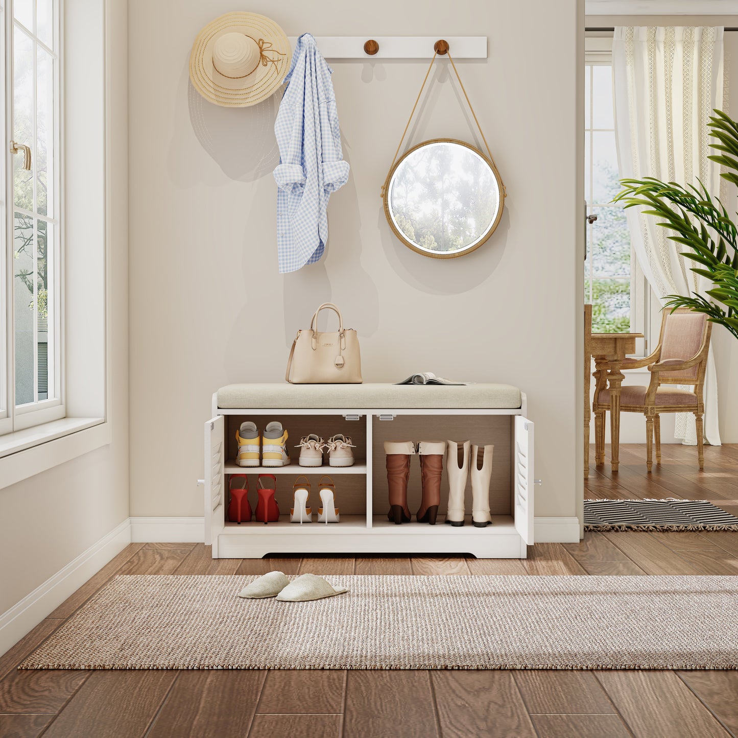 Banc à chaussures d'entrée Pefelife avec armoire de rangement 28,74 po Étagère à chaussures avec armoires à deux portes Étagères rembourrées Organisateur de couloir Meuble de rangement blanc