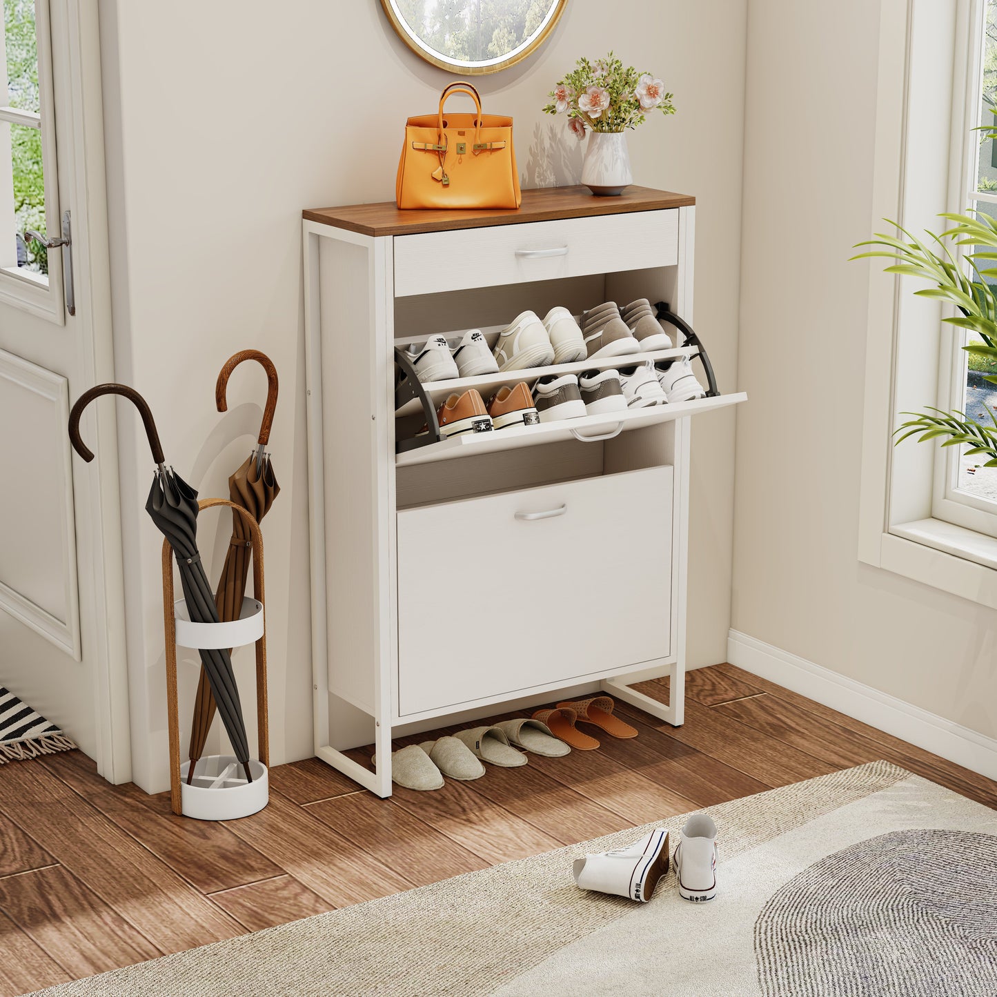 Pefelife EasyCom Shoe Storage Cabinet, 2 Flip Drawers & Top Drawer Shoe Cabinet for Entryway, Freestanding Shoe Organizer Cabinet with Metal Legs, Large Shoe Cabinet