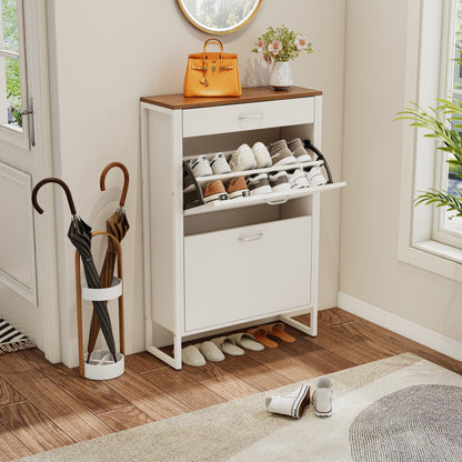 Pefelife EasyCom Shoe Storage Cabinet, 2 Flip Drawers & Top Drawer Shoe Cabinet for Entryway, Freestanding Shoe Organizer Cabinet with Metal Legs, Large Shoe Cabinet