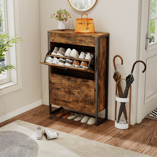 Pefelife EasyCom Shoe Storage Cabinet, 2 Flip Drawers & Top Drawer Shoe Cabinet for Entryway, Freestanding Shoe Organizer Cabinet with Metal Legs, Large Shoe Cabinet