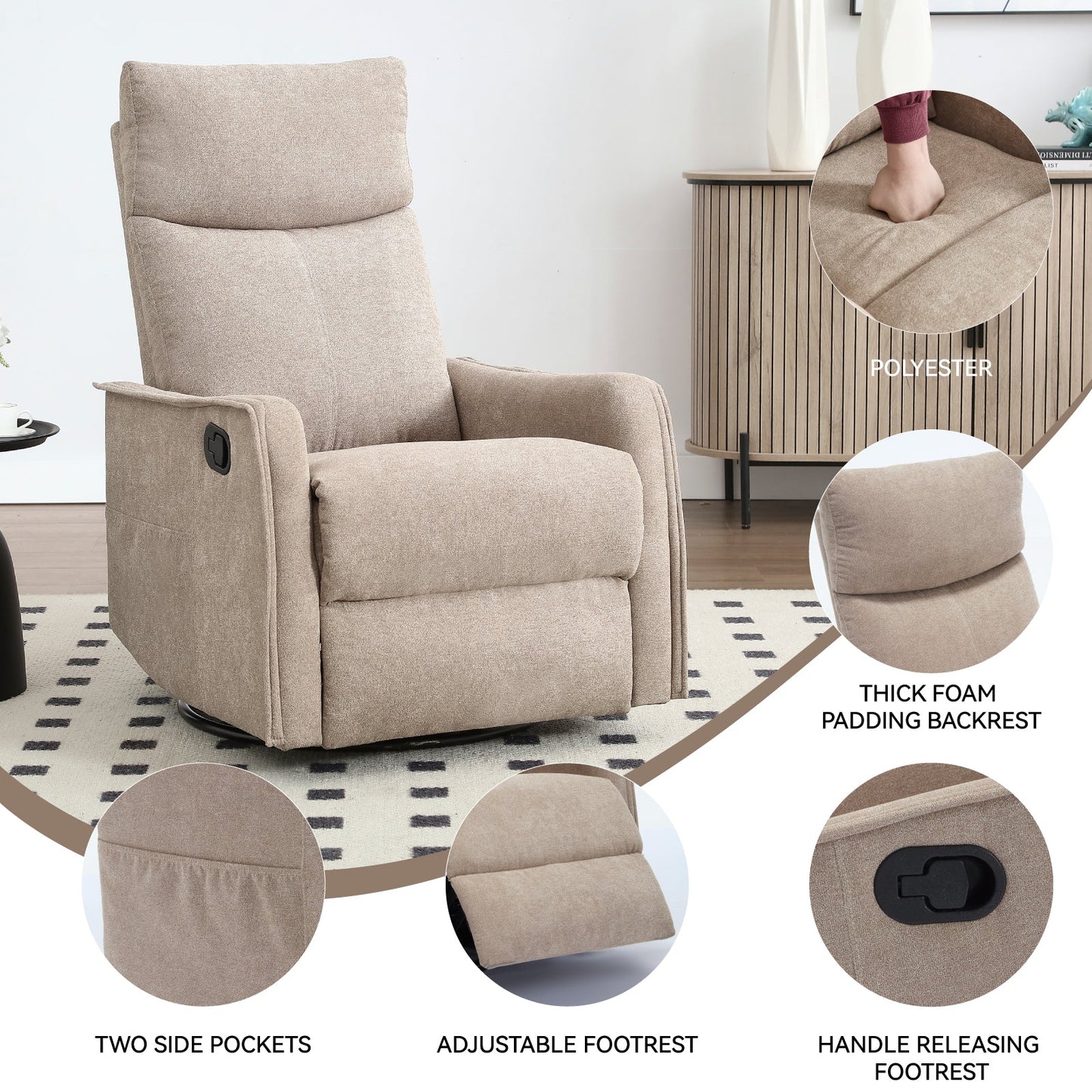 Pefelife 360 Degree Swivel Rocker Recliner Glider Chair for Adults, Living Room, Linen