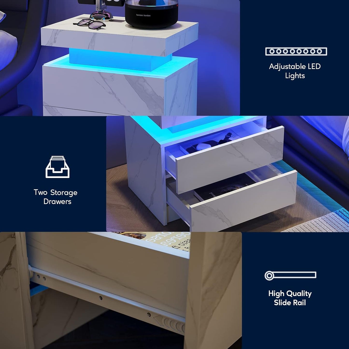 Mesita de noche de mármol Pefelife con luces LED para gabinete, moderna
