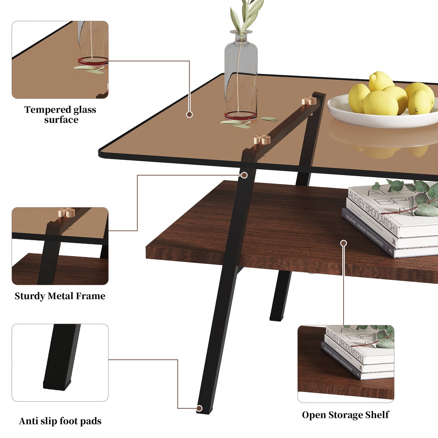Mesa de centro rectangular Pefelife, tablero de vidrio templado marrón con patas de metal negro, mesa moderna para sala de estar
