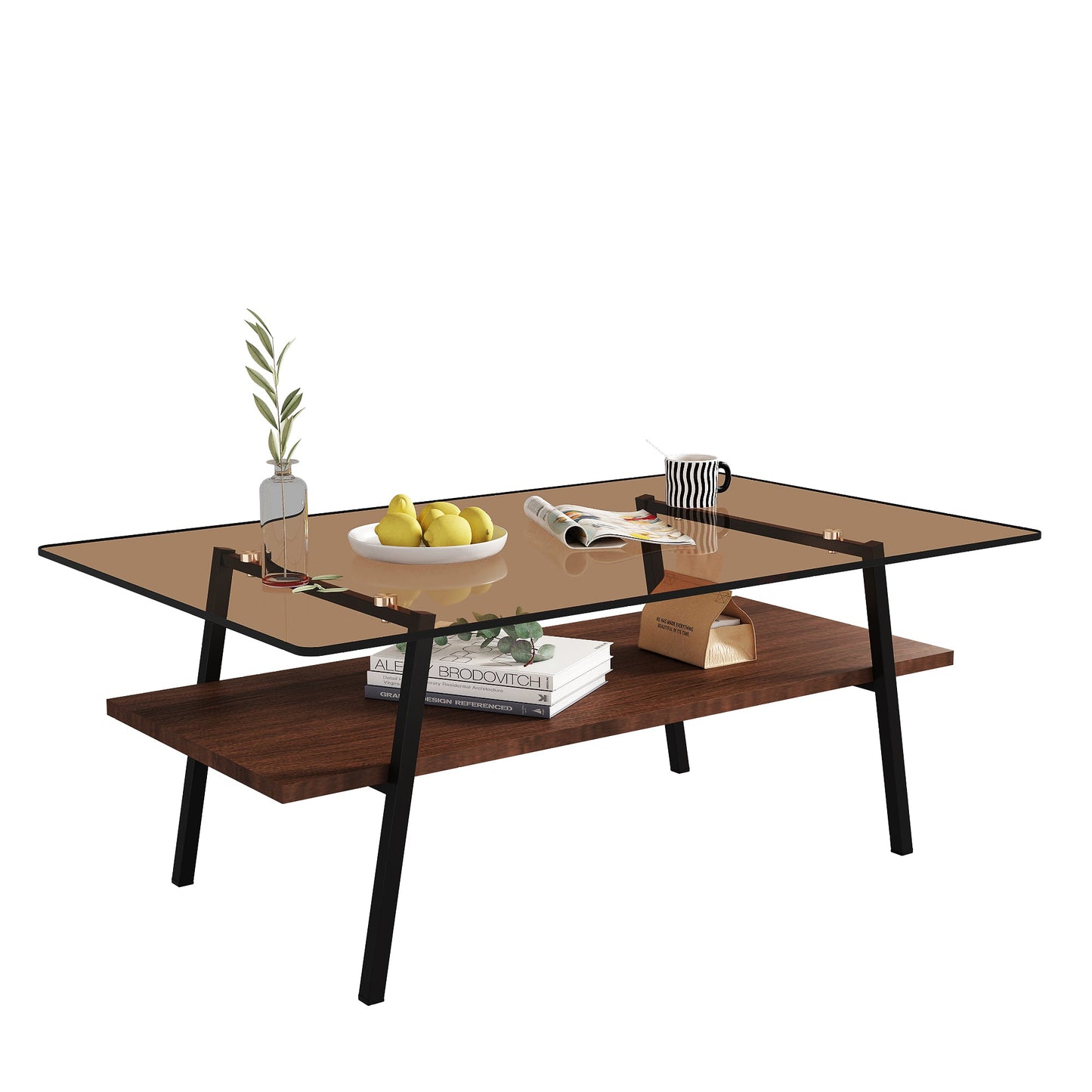 Mesa de centro rectangular Pefelife, tablero de vidrio templado marrón con patas de metal negro, mesa moderna para sala de estar