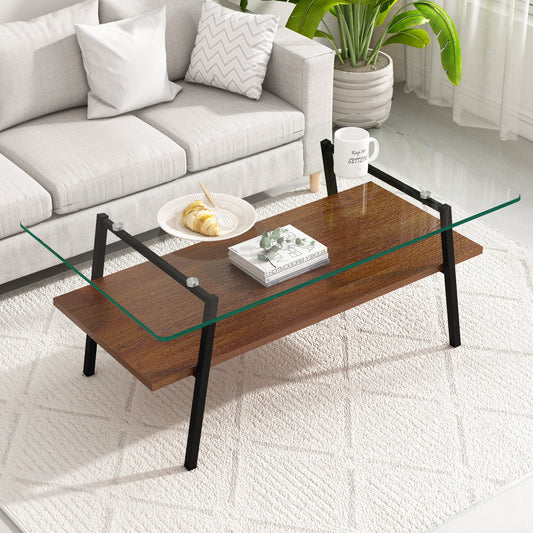 Mesa de centro moderna de vidrio Pefelife con almacenamiento de dos niveles, tablero rectangular de vidrio templado y estante de madera de nogal para sala de estar o apartamento pequeño, 98,5 cm x 58,8 cm x 42,8 cm