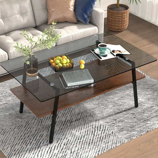 Mesa de centro rectangular Pefelife, tablero de vidrio templado gris con patas de metal negro, mesa moderna para sala de estar