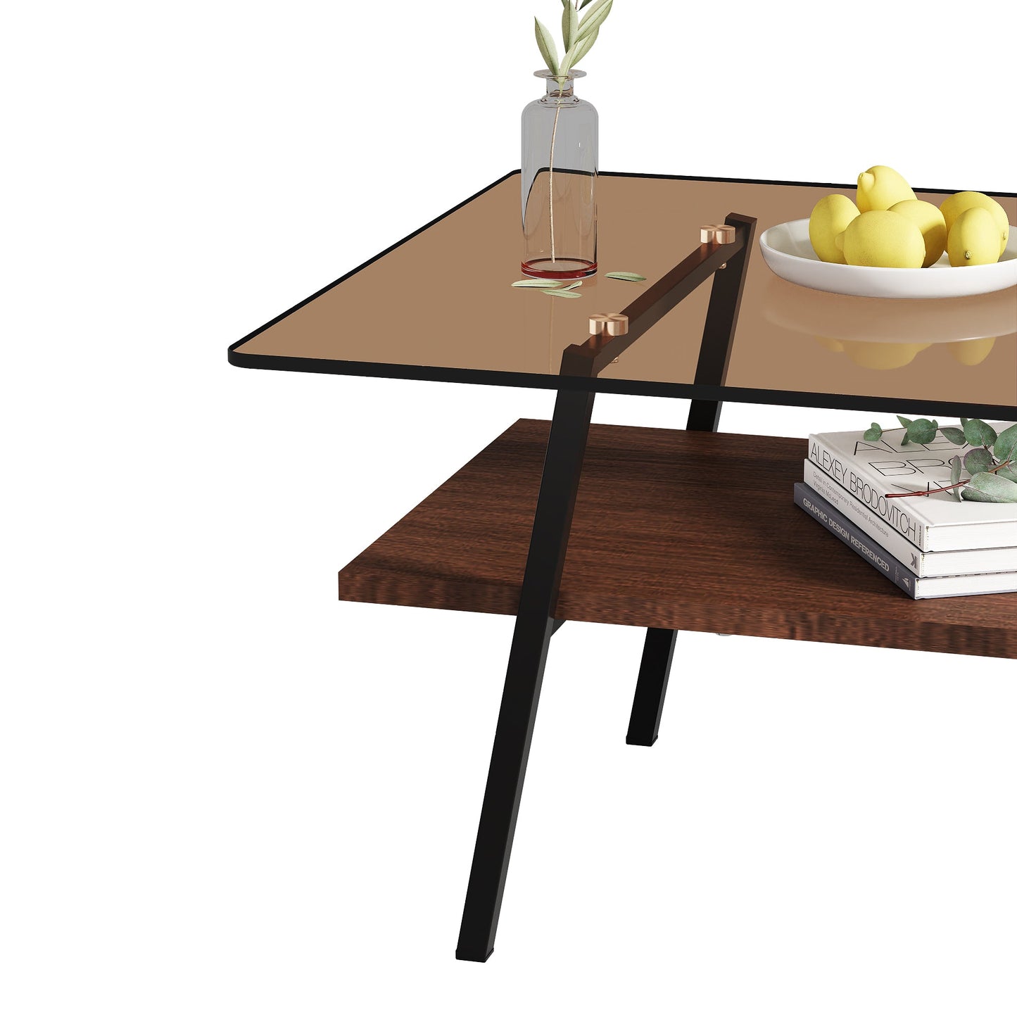 Mesa de centro rectangular Pefelife, tablero de vidrio templado marrón con patas de metal negro, mesa moderna para sala de estar