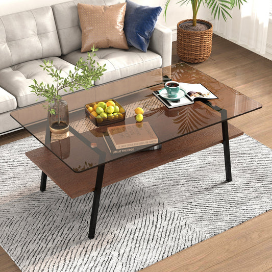 Mesa de centro rectangular Pefelife, tablero de vidrio templado marrón con patas de metal negro, mesa moderna para sala de estar