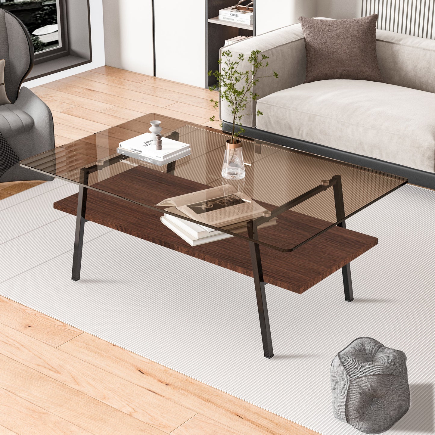 Mesa de centro rectangular Pefelife, tablero de vidrio templado marrón con patas de metal negro, mesa moderna para sala de estar