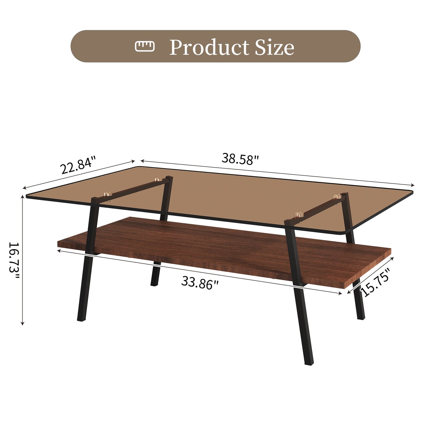 Mesa de centro rectangular Pefelife, tablero de vidrio templado marrón con patas de metal negro, mesa moderna para sala de estar