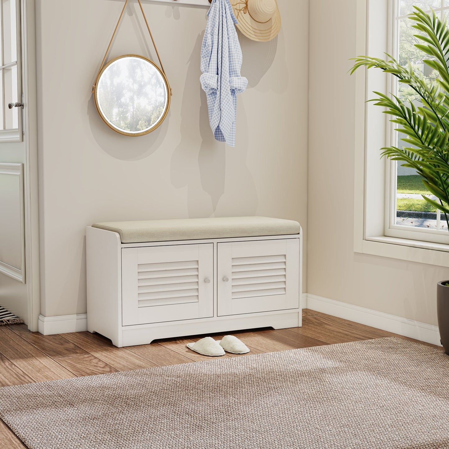 Banc à chaussures d'entrée Pefelife avec armoire de rangement 28,74 po Étagère à chaussures avec armoires à deux portes Étagères rembourrées Organisateur de couloir Meuble de rangement blanc