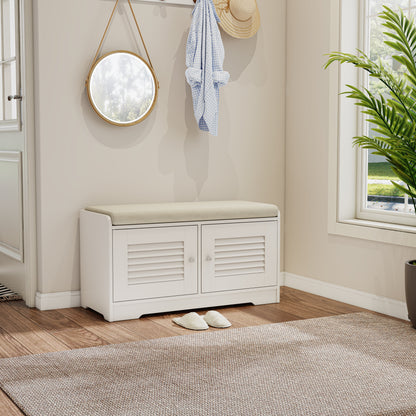 Banc à chaussures d'entrée Pefelife avec armoire de rangement 28,74 po Étagère à chaussures avec armoires à deux portes Étagères rembourrées Organisateur de couloir Meuble de rangement blanc