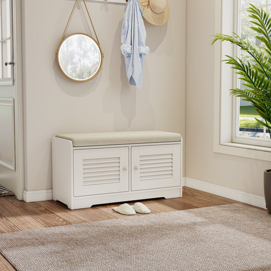 Banco zapatero Pefelife para entrada con armario de almacenamiento de 73 cm, zapatero con dos puertas, estantes acolchados, organizador de pasillo, mueble de almacenamiento blanco