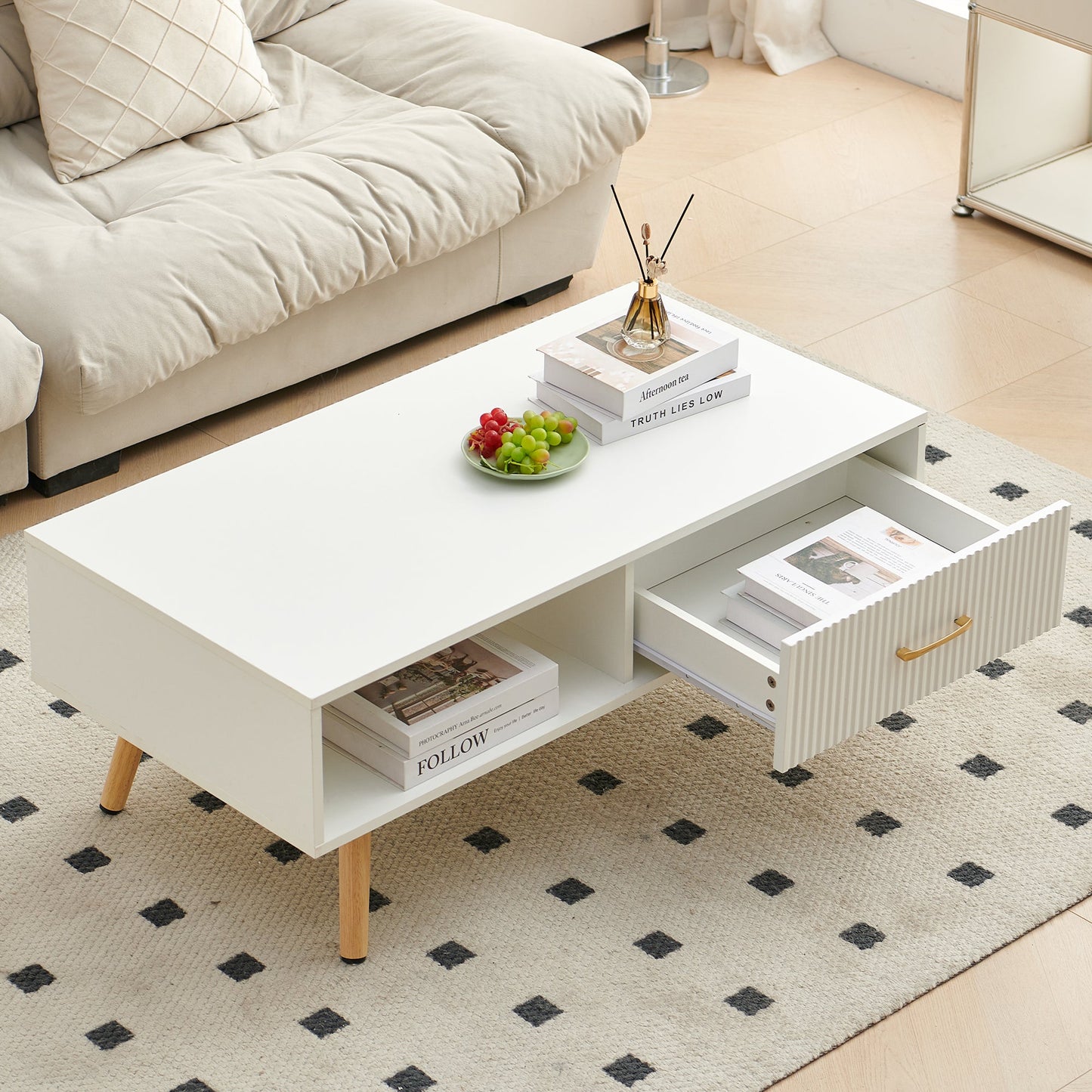 Table basse Pefelife avec rangement, table à manger bohème avec porte coulissante en rotin, petite table basse de salon, plateau blanc
