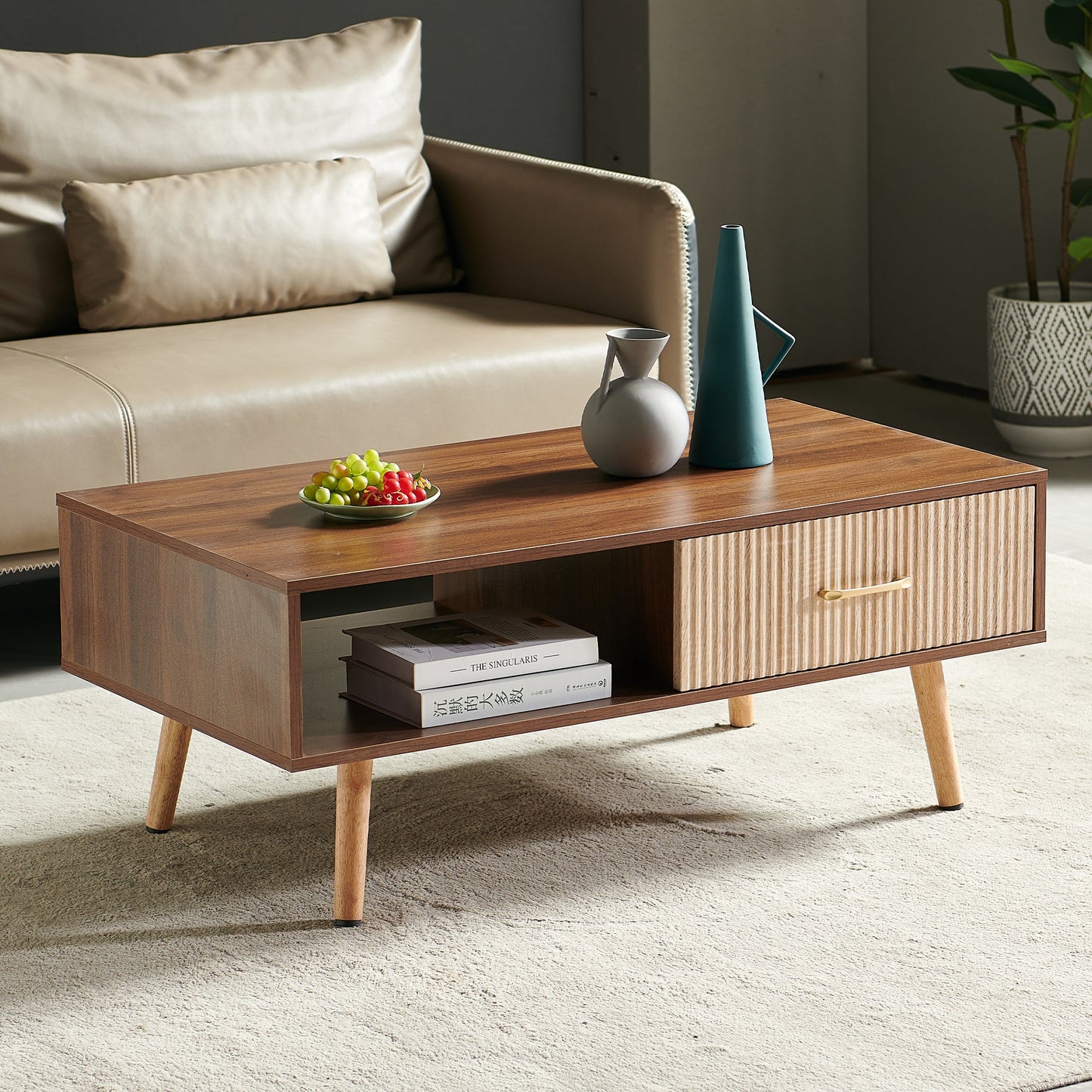 Table basse Pefelife avec rangement, table à manger bohème avec porte coulissante en rotin, petite table basse pour salon, plateau en noyer