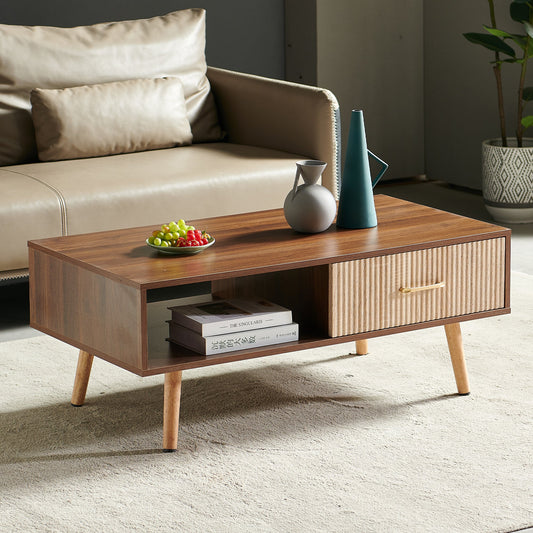 Mesa de centro Pefelife con espacio de almacenamiento, mesa de comedor bohemia con puerta corrediza de ratán, mesas de centro pequeñas para sala de estar, tablero de nogal