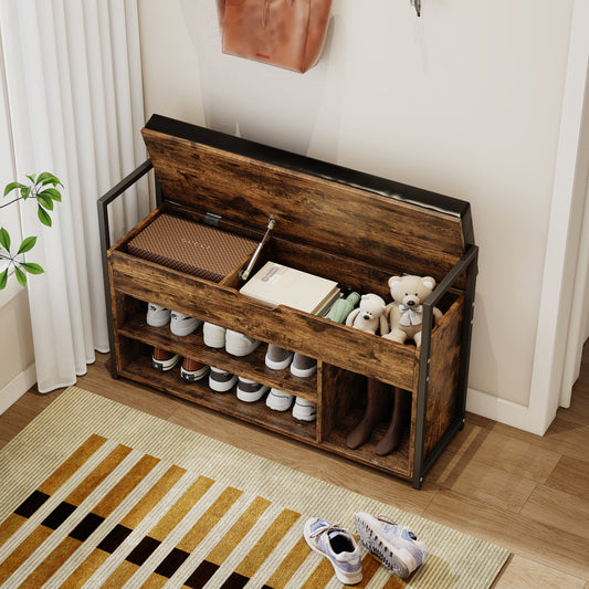 Pefelife Shoe Bench, Entryway Bench with Lift Top Storage Box, Shoe Rack for Entryway, 2-Tier Entryway Shoe Rack Organizer, Bedroom, Hallway, Industrial