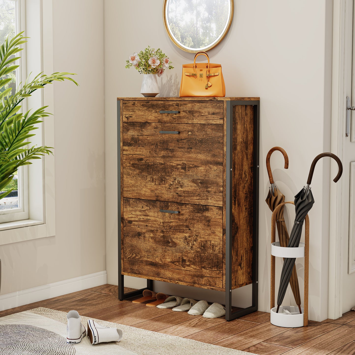 Pefelife EasyCom Shoe Storage Cabinet, 2 Flip Drawers & Top Drawer Shoe Cabinet for Entryway, Freestanding Shoe Organizer Cabinet with Metal Legs, Large Shoe Cabinet