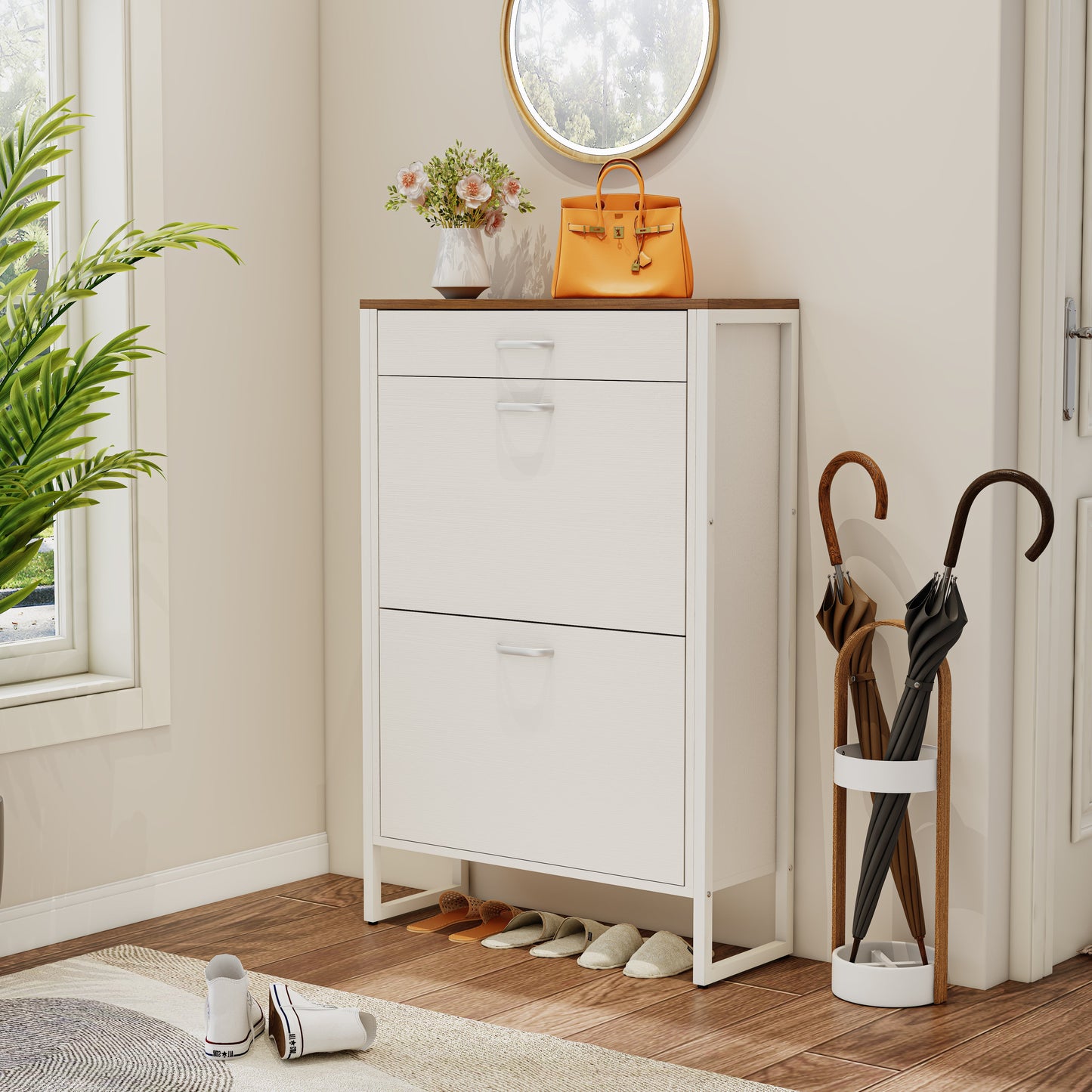Pefelife EasyCom Shoe Storage Cabinet, 2 Flip Drawers & Top Drawer Shoe Cabinet for Entryway, Freestanding Shoe Organizer Cabinet with Metal Legs, Large Shoe Cabinet