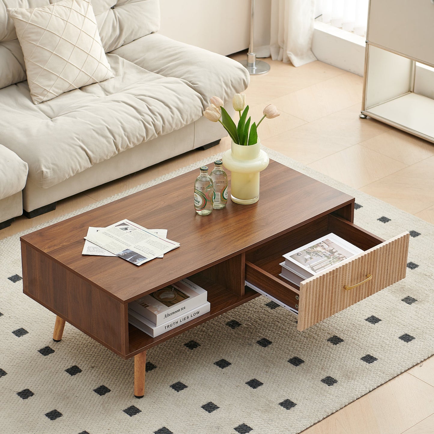 Table basse Pefelife avec rangement, table à manger bohème avec porte coulissante en rotin, petite table basse pour salon, plateau en noyer