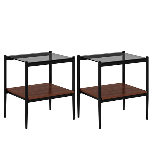 Pefelife End Table Set of 2, Tempered Glass Side Tables Set with Wooden Storage Shelf, 2-Piece Nightstands for Bedroom, Living Room