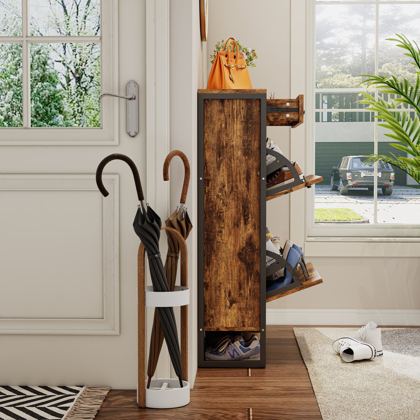 Pefelife EasyCom Shoe Storage Cabinet, 2 Flip Drawers & Top Drawer Shoe Cabinet for Entryway, Freestanding Shoe Organizer Cabinet with Metal Legs, Large Shoe Cabinet