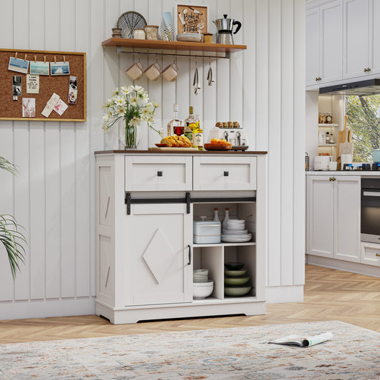 Aparador Pefelife estilo rústico con puerta corrediza, cajón, estantes ajustables y mueble de madera para cocina, comedor y sala de estar, color blanco antiguo.