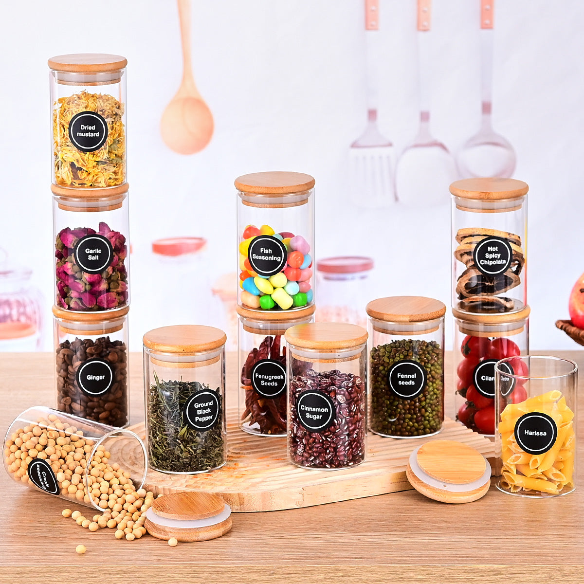 Frascos de vidrio Pefelife de 8.5 oz con tapas de bambú, 12 unidades, pequeños recipientes para almacenar alimentos