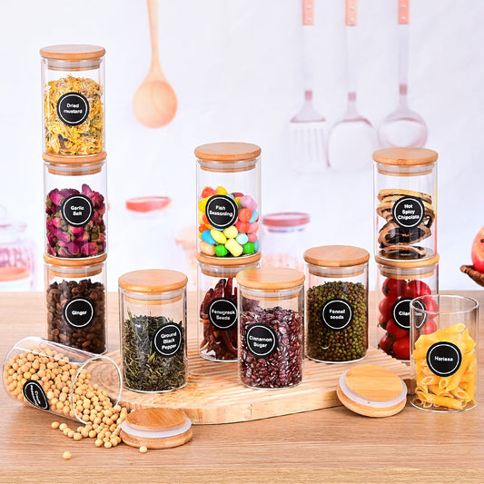 Frascos de vidrio Pefelife de 8.5 oz con tapas de bambú, 12 unidades, pequeños recipientes para almacenar alimentos