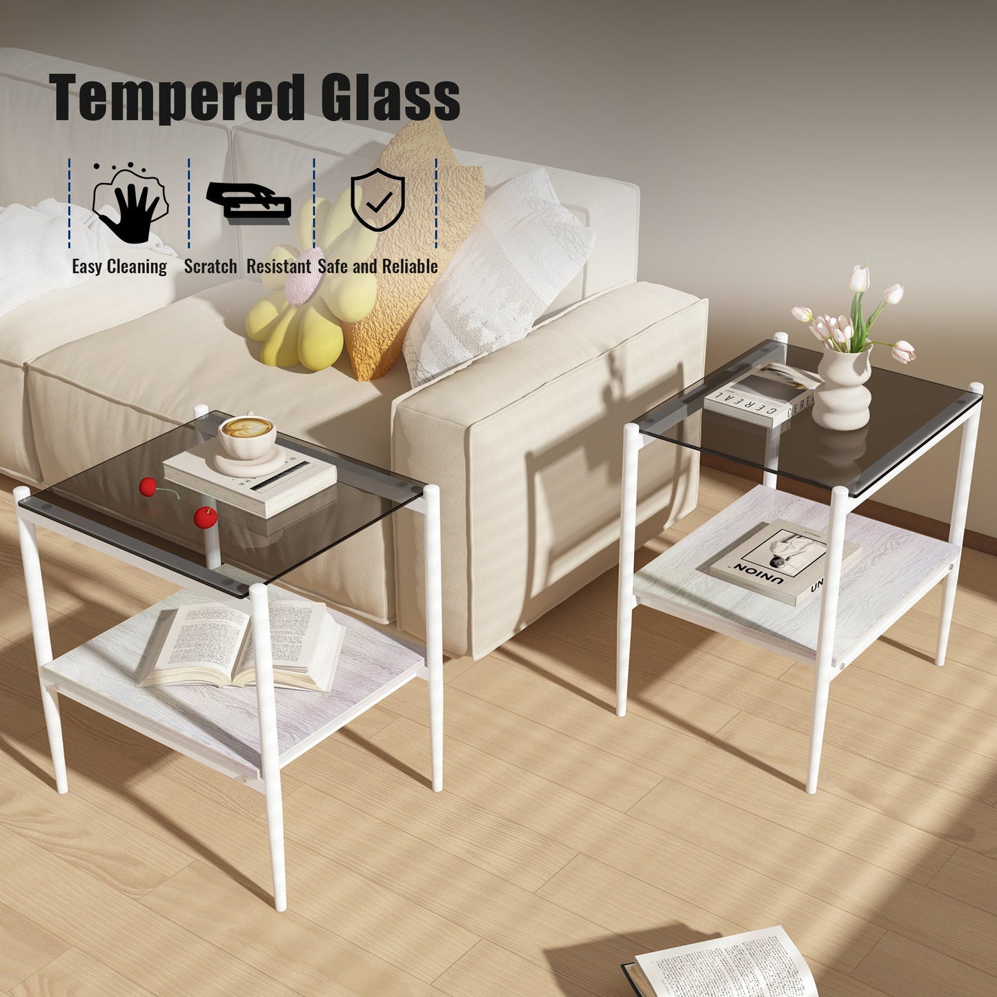 Ensemble de tables de salon Pefelife, ensemble de 3 tables basses et tables d'appoint en verre pour salon, ensemble de tables basses avec plateau en verre trempé et cadre en métal pour appartement, bureau