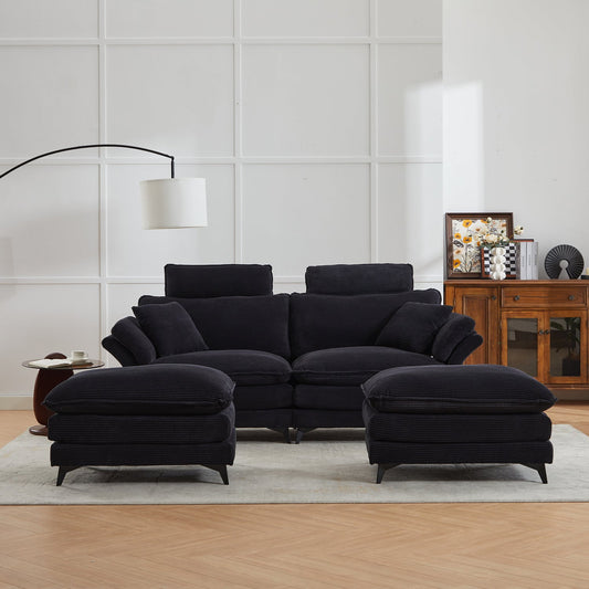 Pefelife Black Oversized, Comfy Corduroy Chaise Lounge Sleeper Chair with Ottoman