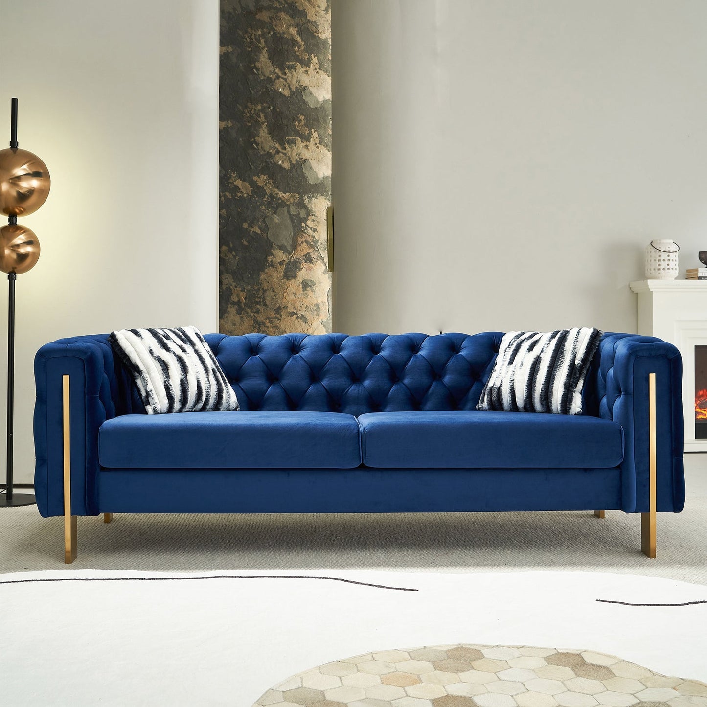 Pefelife Modern Button Tufted Velvet Sofa, Chesterfield Sofa with Square Arm,Gold Metal Legs and 2 Throw Pillows for Living Room(Blue)