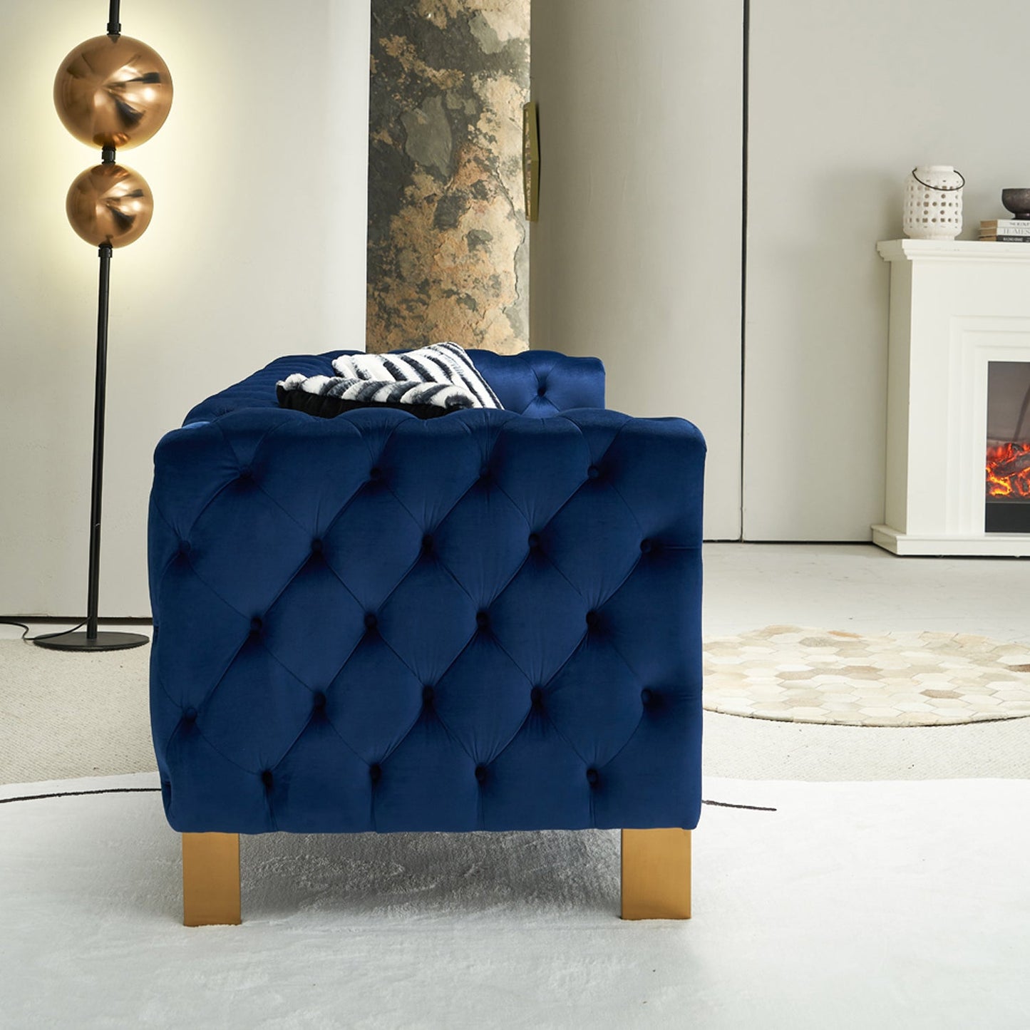 Pefelife Modern Button Tufted Velvet Sofa, Chesterfield Sofa with Square Arm,Gold Metal Legs and 2 Throw Pillows for Living Room(Blue)