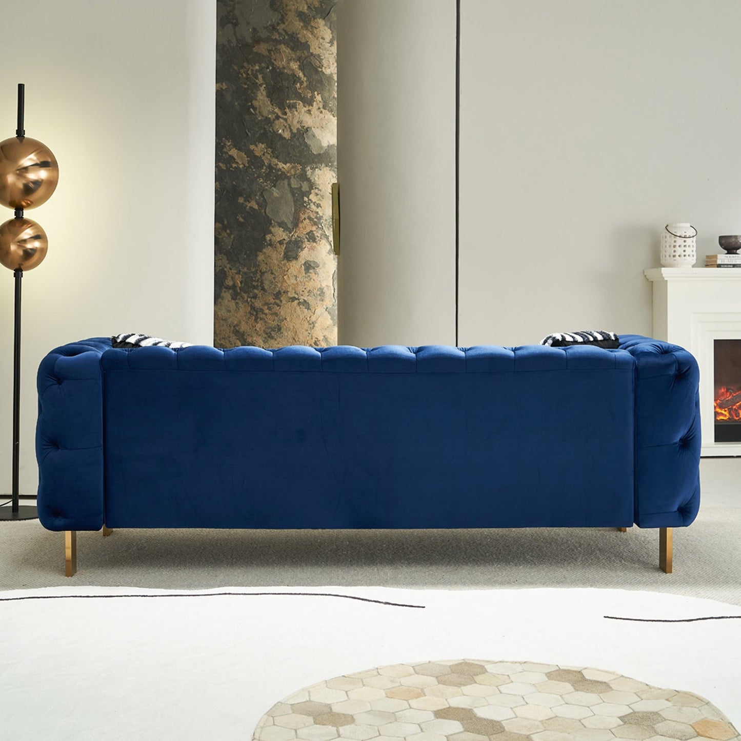 Pefelife Modern Button Tufted Velvet Sofa, Chesterfield Sofa with Square Arm,Gold Metal Legs and 2 Throw Pillows for Living Room(Blue)